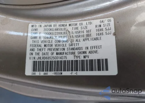 2005 Honda Cr-V Lx из США, поврежденный, VIN JHLRD68525C014375